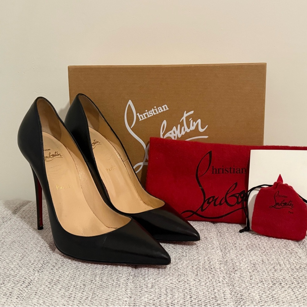 Christian Louboutin Black Patent Pointed-Toe Stilettos with Red Sole
